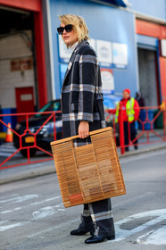 black coat, black pants, black shoes, checked, checked coat, checked pants, graphic bag, graphic jacket, graphic pants, high heels, leather shoes, plaid, printed jacket, printed pants, sunglasses, tartan, trousers, wood bag, street style, jonathan paciullo, FW, frenchystyle, fashion week, NYFW, NEW YORK, AUTUMN WINTER 2018-2019, AW 18-19, FALL WINTER 2018-2019, FW 18-19, vertical, full length, Rebecca Laurey