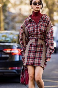 black sunglasses, dress, lurex turtleneck, Meng Mao, printed dress, red bag, red dress, red turtleneck, shirt dress, stella mccartney bag, sunglasses, tartan dress, turtleneck, fashion week, frenchystyle, FW, jonathan paciullo, street style, PFW, PARIS, SPRING SUMMER 2022, SS 22, vertical, atmosphere details