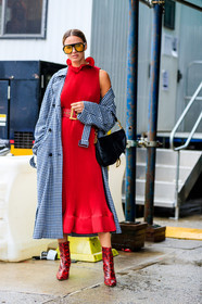 black and white, black bag, checked, christian dior, gingham, graphic jacket, high heels, leather bag, leather shoes, plaid, printed jacket, red belt, red boots, red dress, saddle bag, sunglasses, trench coat, zina charkoplia, street style, jonathan paciullo, FW, frenchystyle, fashion week, NYFW, NEW YORK, SPRING SUMMER 2019, SS 19, vertical, full length
