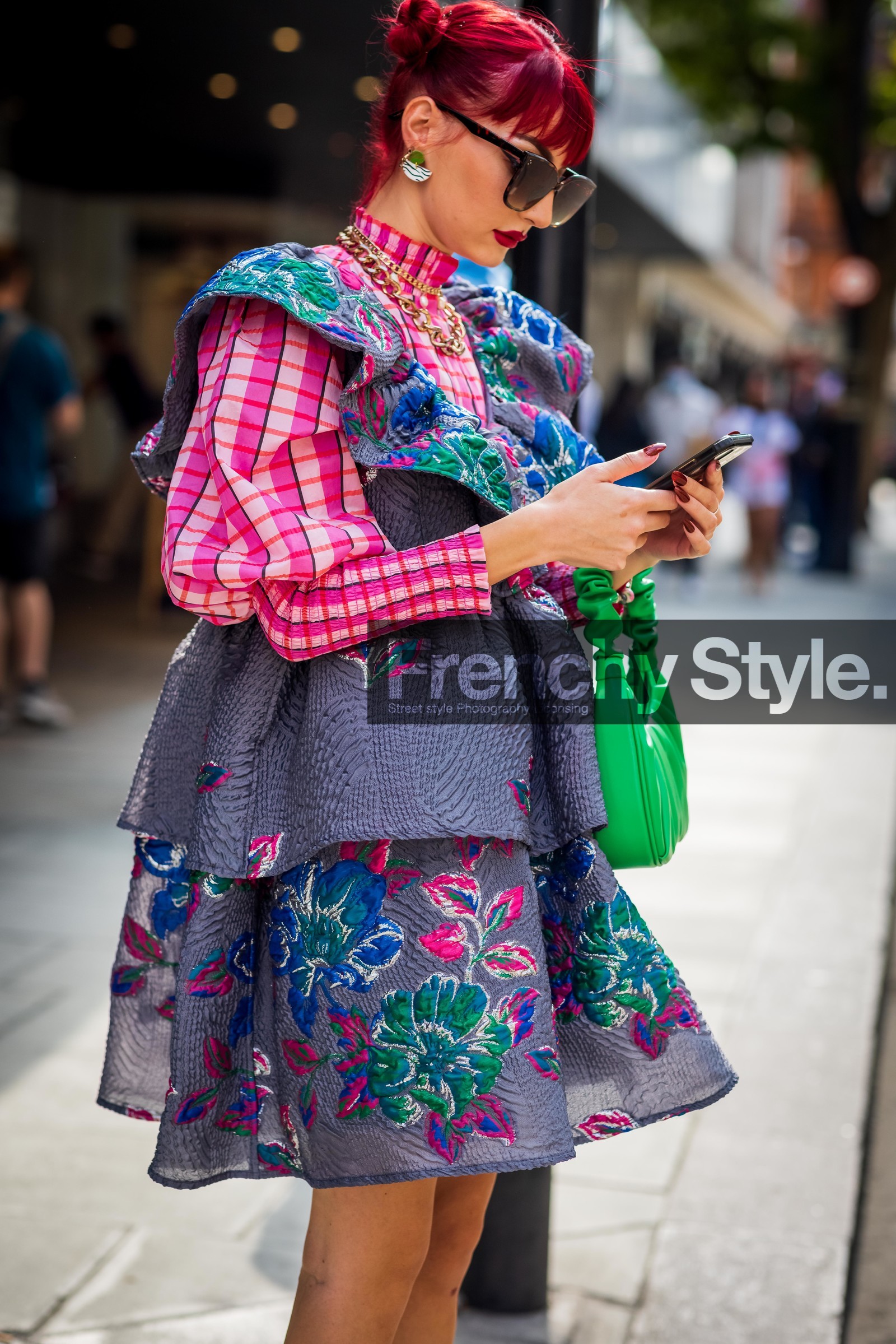 Eve Lily, print, flower dress, flowered dress, plaid shirt, ruffles, handbag, green, pink, sunglasses, earrings, necklace, fashion week, frenchystyle, FW, jonathan paciullo, street style, SPRING SUMMER 2022, SS 22, LFW, LONDON, vertical, atmosphere details, detail