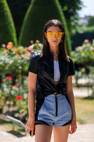 black shirt, choker, crop top, grey shorts, leather shirt, necklace, sunglasses, white top, fashion week, frenchystyle, FW, jonathan paciullo, street style, PFW, PARIS, vertical, detail, atmosphere details, model, AUTUMN WINTER 2018-2019, FALL WINTER 2018-2019, FW 18-19, Grace Elizabeth
