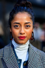 checked, earrings, graphic jacket, grey coat, houndstooth pattern, plaid, printed jacket, red lips, white turtleneck, fashion week, frenchystyle, FW, jonathan paciullo, street style, LFW, LONDON, AUTUMN WINTER 2018-2019, AW 18-19, FALL WINTER 2018-2019, FW 18-19, vertical, atmosphere details, detail, portrait