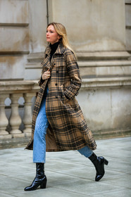 black shoes, blue denim, brown coat, checked, denim pants, graphic jacket, high heels, jeans, leather shoes, plaid, printed jacket, tartan, trousers, varnished leather shoes, street style, jonathan paciullo, FW, frenchystyle, fashion week, LFW, LONDON, AUTUMN WINTER 2019-2020, AW 19-20, FW 19-20, FALL WINTER 2019-2020, vertical, full length