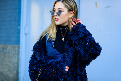 black fur coat, black turtleneck, blue dress, necklace, see through, silk dress, sunglasses, street style, jonathan paciullo, FW, frenchystyle, fashion week, NYFW, NEW YORK, AUTUMN WINTER 2018-2019, AW 18-19, FALL WINTER 2018-2019, FW 18-19, atmosphere details, horizontal, detail