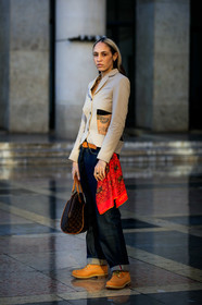 hera pradel, timberland shoes, camel suede boots, laced boots, flat boots, hiking boots, blue jeans, boyfriend jeans, brown leather bag, hand bag, monogrammed bag, louis vuitton bag, light beige jacket, openwork jacket, red scarf, printed scarf, louis vuitton scarf, tatoo, monogrammed scarf, denim, fashion week, frenchystyle, FW, jonathan paciullo, street style, PFW, PARIS, vertical, full length