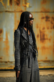details, long braids, black sunglasses, embroidered trenchcoat, black and white trench, pearl earrings, striped coat, Amy sall, street style, jonathan paciullo, FW, frenchystyle, fashion week, NYFW, NEW YORK, AUTUMN WINTER 2022-2023, FALL WINTER 2022_2023, FW 22-23, vertical, atmosphere details, model