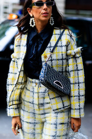 black bag, black shirt, checked, checked suit, christian dior, earrings, graphic bag, graphic jacket, graphic pants, graphic suit, leather bag, monogram, plaid, printed bag, printed jacket, printed pants, printed suit, sunglasses, transparent bag, trousers, white jacket, white pants, white suit, yellow, fashion week, frenchystyle, FW, jonathan paciullo, street style, LFW, LONDON, SPRING SUMMER 2019, SS 19, vertical, detail, atmosphere details