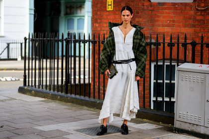 aymeline valade, black belt, black shoes, checked, graphic jacket, green bag, green jacket, jw anderson, leather bag, leather belt, leather shoes, model, necklace, plaid, printed jacket, tartan, white dress, fashion week, frenchystyle, FW, jonathan paciullo, street style, LFW, LONDON, SPRING SUMMER 2019, SS 19, atmosphere details, horizontal, full length