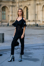 model, teddy quinlivan, black top, black pants, ruffle top, strapless top, low necked top, sheer top, silvered boots, high heels boots, laced boots, low boots, PARIS, PFW, SPRING SUMMER 2020, SS 20, fashion week, frenchystyle, FW, jonathan paciullo, street style, vertical, full length