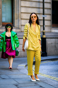blazer, elizabeth von der goltz, graphic jacket, graphic pants, high heels, leather bag, leather shoes, printed jacket, printed pants, sunglasses, trousers, white bag, white shoes, yellow jacket, yellow pants, yellow suit, fashion week, frenchystyle, FW, jonathan paciullo, street style, LFW, LONDON, SPRING SUMMER 2019, SS 19, vertical, full length