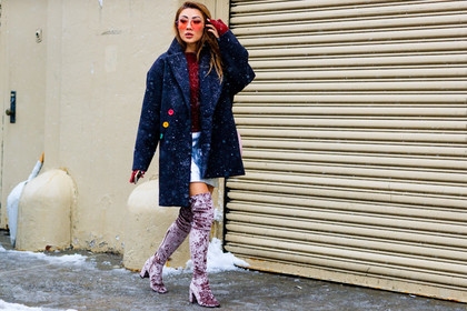 atmosphere details, AUTUMN WINTER 2017-2018, AW 17-18, FALL WINTER 2017-2018, fashion week, frenchystyle, full length, FW, FW 17-18, high boots, high heels, horizontal, jonathan paciullo, navy coat, NEW YORK, NYFW, pink shoes, red sweater, street style, sunglasses, velvet
