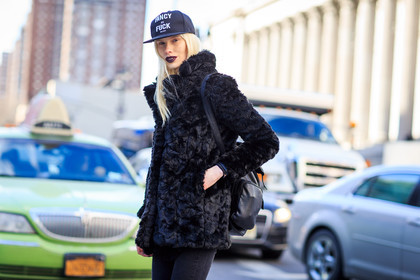 atmosphere details, AUTUMN WINTER 2016-2017, AW 16-17, backpack, black cap, black coat, black denim, black fur, black jacket, black lips, denim pants, detail, FALL WINTER 2016-2017, fashion week, frenchystyle, fur coat, FW, FW 16-17, horizontal, jonathan paciullo, leather bag, lipstick, message, model, NEW YORK, NYFW, sally jonsson, street style, woman