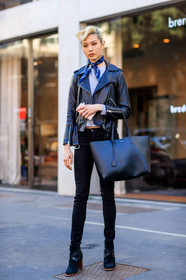 AUTUMN WINTER 2017-2018, AW 17-18, black bag, black denim, black jacket, black perfecto, black shoes, blue bandana, denim pants, FALL WINTER 2017-2018, fashion week, frenchystyle, full length, FW, FW 17-18, grey sweater, jeans, jonathan paciullo, leather bag, leather jacket, leather perfecto, leather shoes, MFW, MILAN, model, saint laurent paris, street style, trousers, vertical