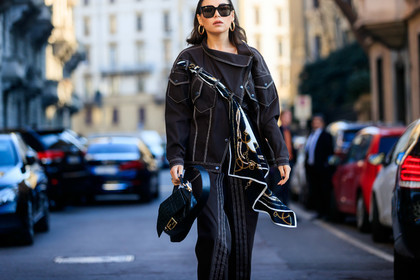 karina nigay, brown jacket, brown jeans, brown pants, wrap jacket, scarf detail, scarf, asymetrical jacket, black leather bag, monogrammed bag, fendi bag, hoop earrings, golden earrings, printed scarf, black scarf, striped jacket, striped jeans, striped pants, multi pocket jacket, square shape glasses, fashion week, frenchystyle, FW, jonathan paciullo, street style, MFW, MILAN, AUTUMN WINTER 2020-2021, FALL WINTER 2020-2021, FW 20-21, horizontal, atmosphere details, detail