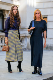 blanca miro scrimieri, erika boldrin, black dress, long dress, short sleeves dress, high boots, black leather boots, laced boots, golden necklace, golden earrings, shoulder bag, black leather bag, animal skin bag, hoop earrings, silk blouse, polka dots blouse, navy blue blouse, high collar blouse, long sleeves blouse, long skirt, checked skirt, open toe shoes, high heels shoes, high heels boots, black shoes, brown leather bag, hand bag, mini bag, yellow skirt, charms bracelet, golden bracelet, fashion week, frenchystyle, FW, jonathan paciullo, street style, vertical, full length