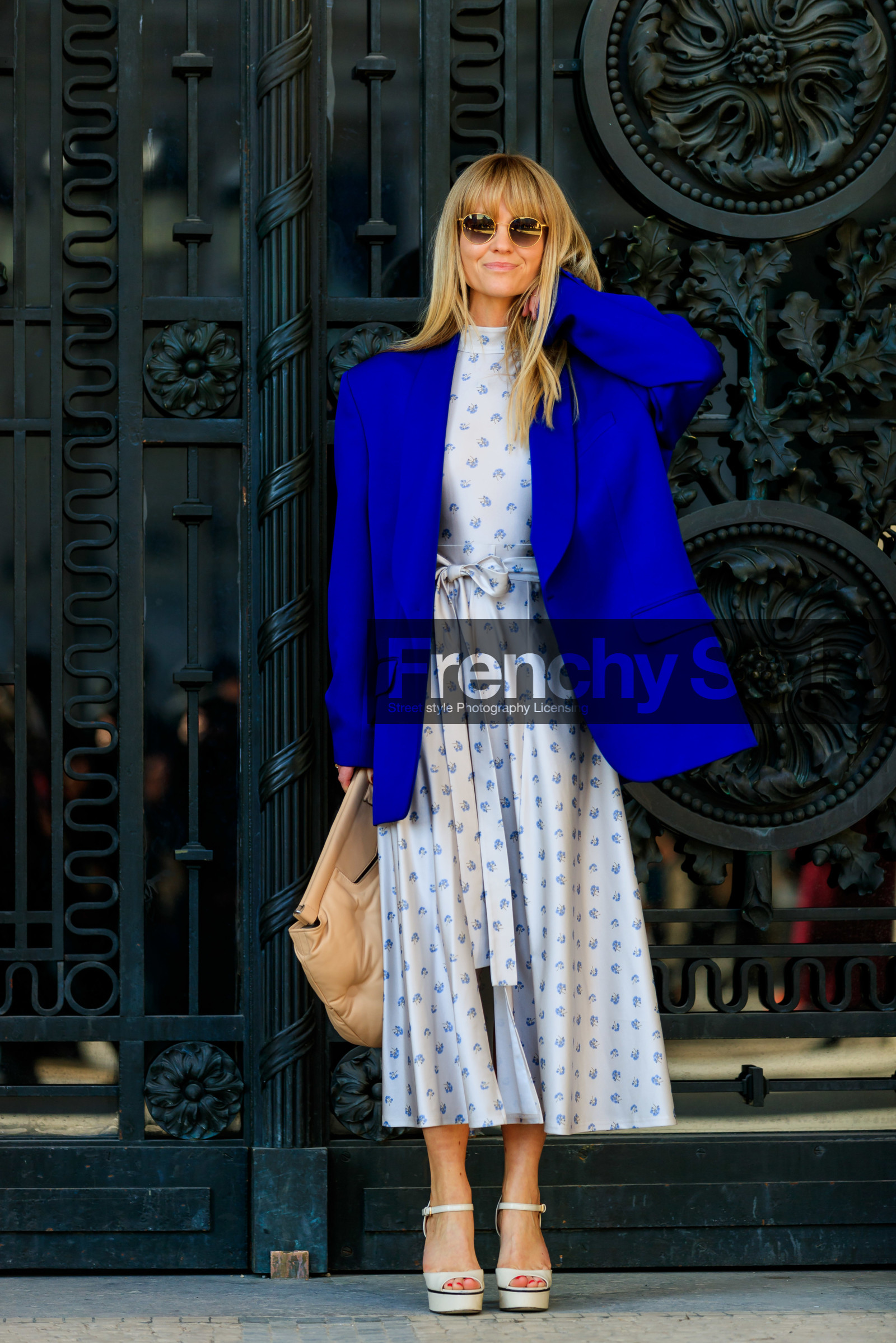 beige bag, blazer, blue jacket, floral, flowers, graphic dress, grey dress, high heels, jeanette madsen, leather bag, leather shoes, maison martin margiela, printed dress, shiny dress, sunglasses, white shoes, PARIS, PFW, street style, jonathan paciullo, FW, frenchystyle, fashion week, AUTUMN WINTER 2019-2020, AW 19-20, FALL WINTER 2019-2020, FW 19-20, vertical, full length