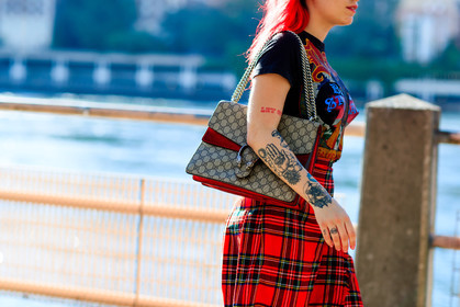 atmosphere details, black t shirt, checked skirt, detail, dyed hair, fashion week, frenchystyle, FW, gucci, horizontal, jonathan paciullo, monogram, NEW YORK, NYFW, plaid, printed bag, printed t shirt, red skirt, SPRING SUMMER 2017, SS 17, street style, tartan, tattoos, woman