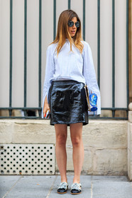 black and white loafers, black and white shoes, black skirt, fashion week, frenchystyle, full length, FW, graphic shirt, jonathan paciullo, leather shoes, leather skirt, MENSWEAR, PARIS, PFW, SPRING SUMMER 2017, SS 17, street style, striped shirt, sunglasses, vertical, white shirt