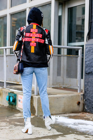 AUTUMN WINTER 2017-2018, AW 17-18, back detail, biker jacket, black jacket, black sweater, blue denim, denim pants, FALL WINTER 2017-2018, fashion week, frenchystyle, full length, FW, FW 17-18, graphic jacket, high heels, hoodie, irene kim, jeans, jonathan paciullo, leather bag, leather boots, leather jacket, message, NEW YORK, NYFW, printed bag, printed jacket, street style, trousers, vertical, white boots