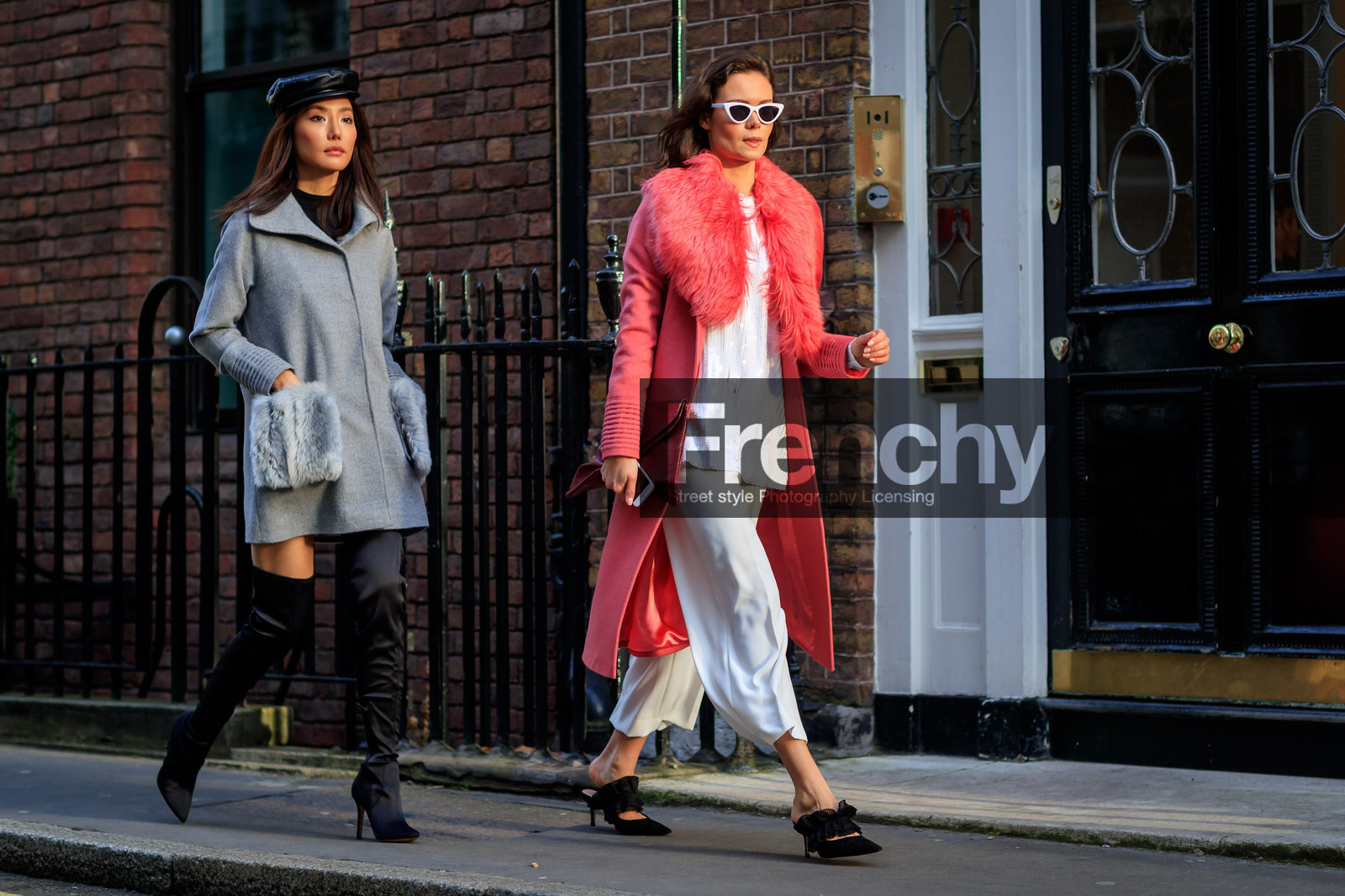 beret, black hat, black shoes, fur collar, glitter, grey coat, grey fur, high boots, high heels, leather bag, leather shoes, pink coat, pink fur, red bag, sequined top, shiny top, sunglasses, trousers, white pants, white top, fashion week, frenchystyle, FW, jonathan paciullo, street style, LFW, LONDON, AUTUMN WINTER 2018-2019, AW 18-19, FALL WINTER 2018-2019, FW 18-19, horizontal, atmosphere details, full length