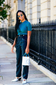 black denim, braids, denim pants, green top, high heels, jeans, leather bag, leather shoes, trousers, white bag, white shoes, fashion week, frenchystyle, FW, jonathan paciullo, street style, LFW, LONDON, SPRING SUMMER 2019, SS 19, vertical, full length