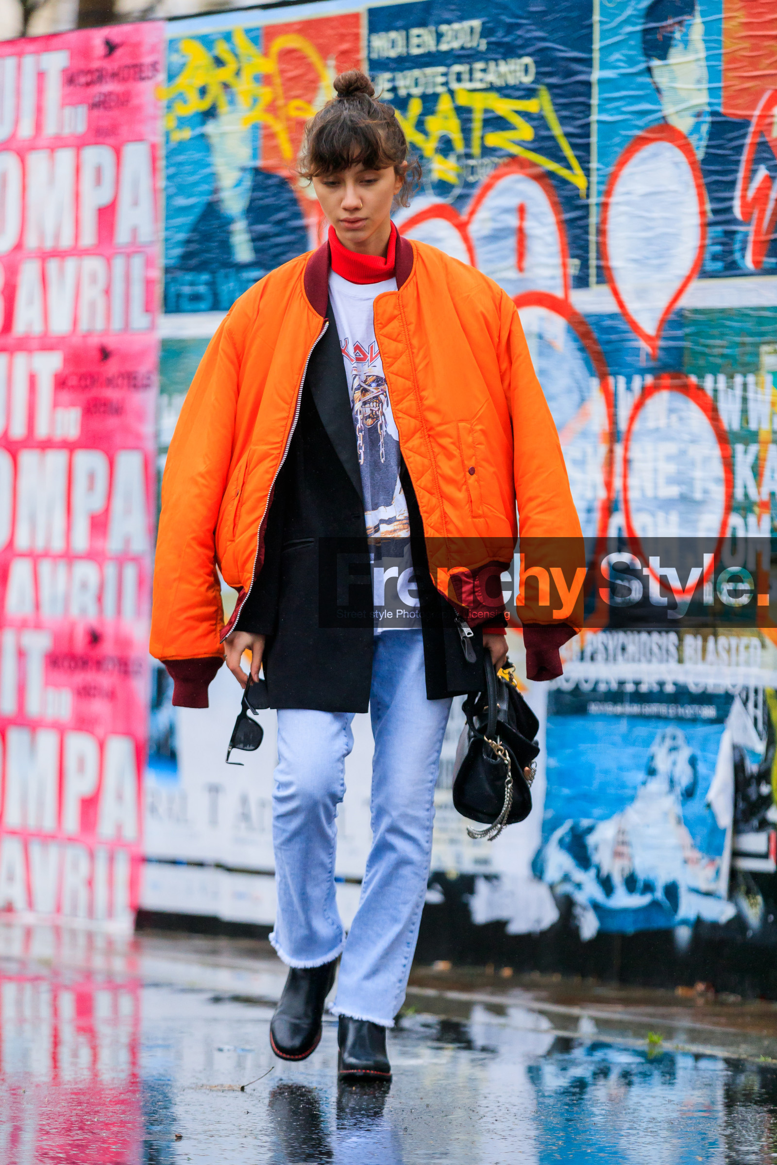 AUTUMN WINTER 2017-2018, AW 17-18, black bag, black jacket, black shoes, blazer, blue denim, bomber jacket, bun, denim pants, FALL WINTER 2017-2018, fashion week, frenchystyle, full length, FW, FW 17-18, jeans, jonathan paciullo, leather bag, leather shoes, orange jacket, over the shoulder, PARIS, PFW, printed t shirt, street style, trousers, vertical, white t shirt