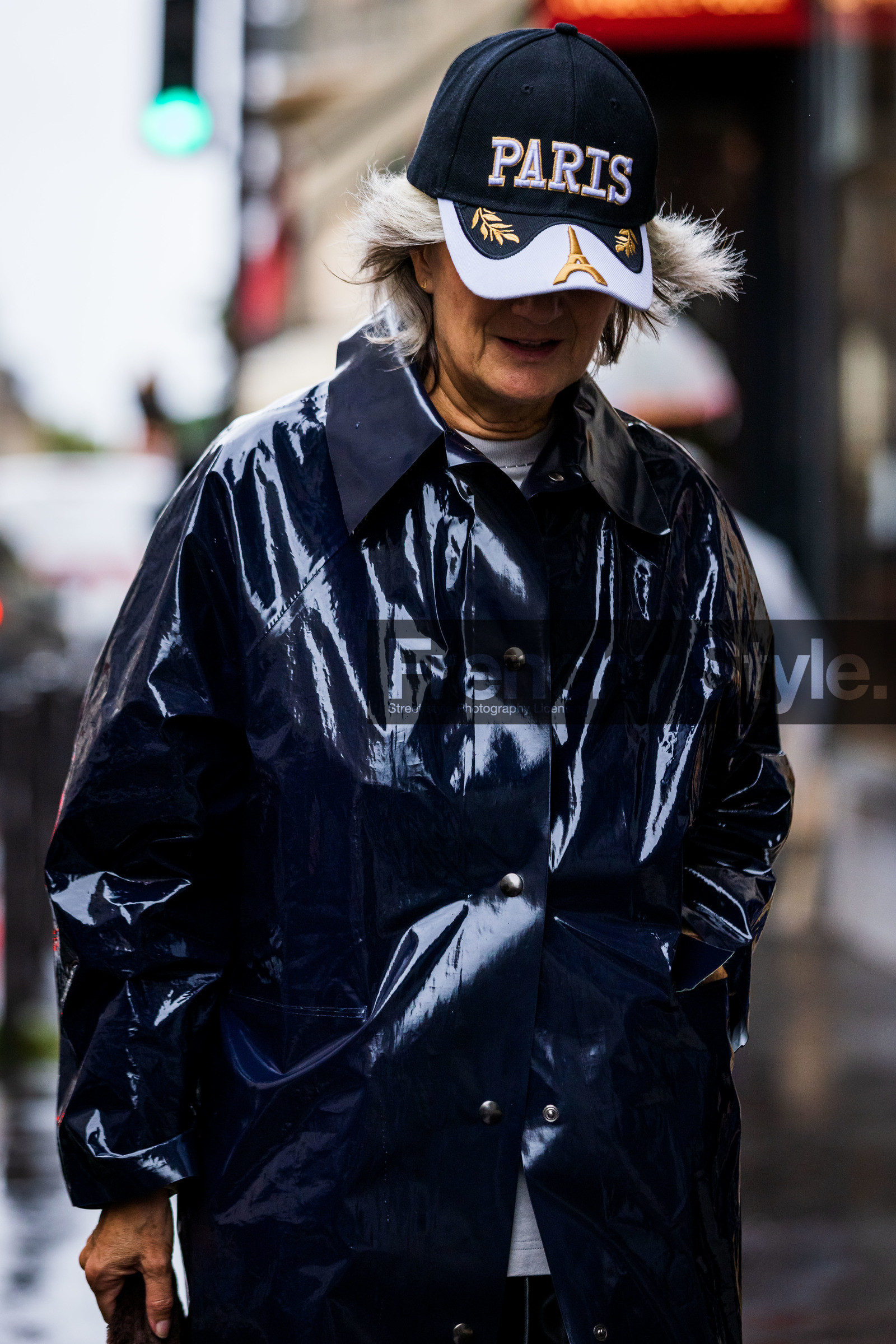 black cap, cap, eiffel tower, navy raincoat, paris cap, printed cap, raincoat, Sophie Fontanel, vinyl raincoat, fashion week, frenchystyle, FW, jonathan paciullo, street style, PFW, PARIS, SPRING SUMMER 2022, SS 22, vertical, atmosphere details