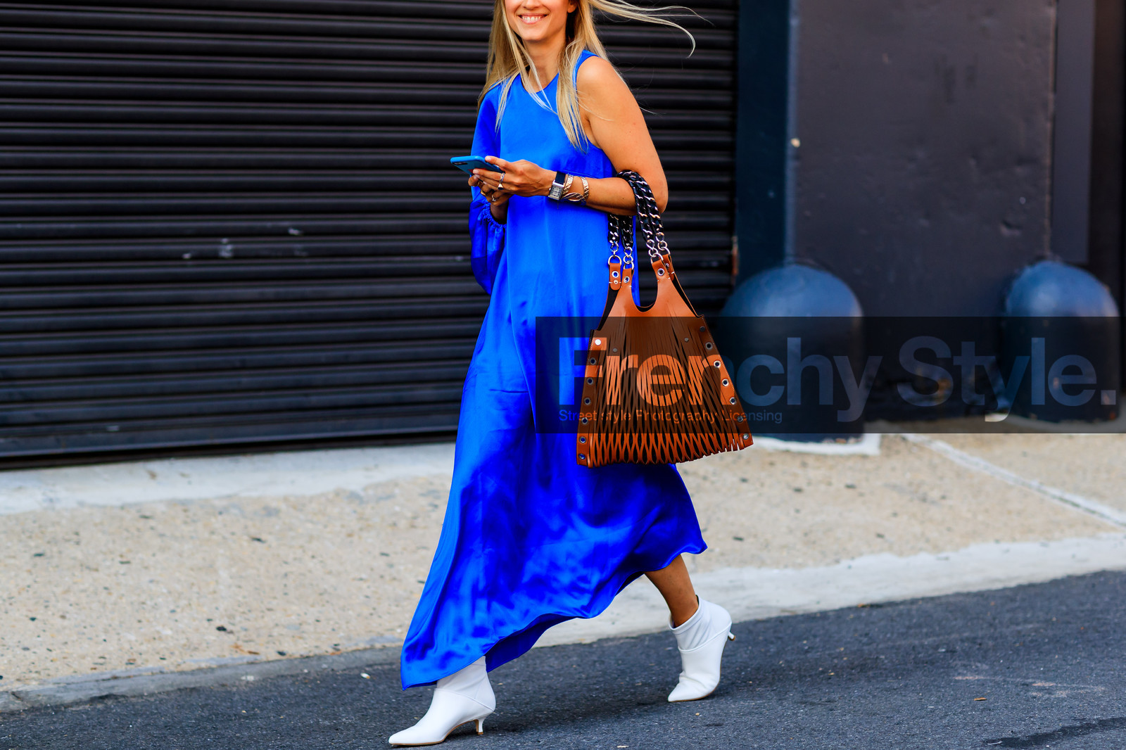 atmosphere details, balenciaga, blue dress, bracelet, Charlotte Groeneveld, detail, fashion week, frenchystyle, FW, high heels, horizontal, iphone, jonathan paciullo, leather bag, leather shoes, long dress, NEW YORK, NYFW, rings, SPRING SUMMER 2018, SS 18, street style, white boots