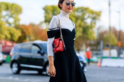 atmosphere details, black dress, Chriselle Lim, detail, fashion week, frenchystyle, FW, horizontal, jonathan paciullo, leather bag, off the shoulder, PARIS, PFW, red bag, SPRING SUMMER 2017, SS 17, street style, studded bag, sunglasses, white knit