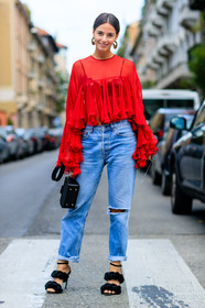 black bag, black sandals, blue denim, denim pants, earrings, fashion week, frenchystyle, full length, FW, high heels, jeans, jonathan paciullo, leather bag, leather shoes, marco de vincenzo, MFW, MILAN, red shirt, SPRING SUMMER 2017, SS 17, street style, trousers, velvet, vertical, zina charkoplia