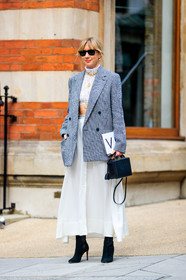 black bag, black shoes, blazer, crop top, grey jacket, high heels, houndstooth pattern, lace top, leather bag, leather shoes, lisa aiken, necklace, sunglasses, white skirt, white top, fashion week, frenchystyle, FW, jonathan paciullo, street style, LFW, LONDON, SPRING SUMMER 2019, SS 19, vertical, full length