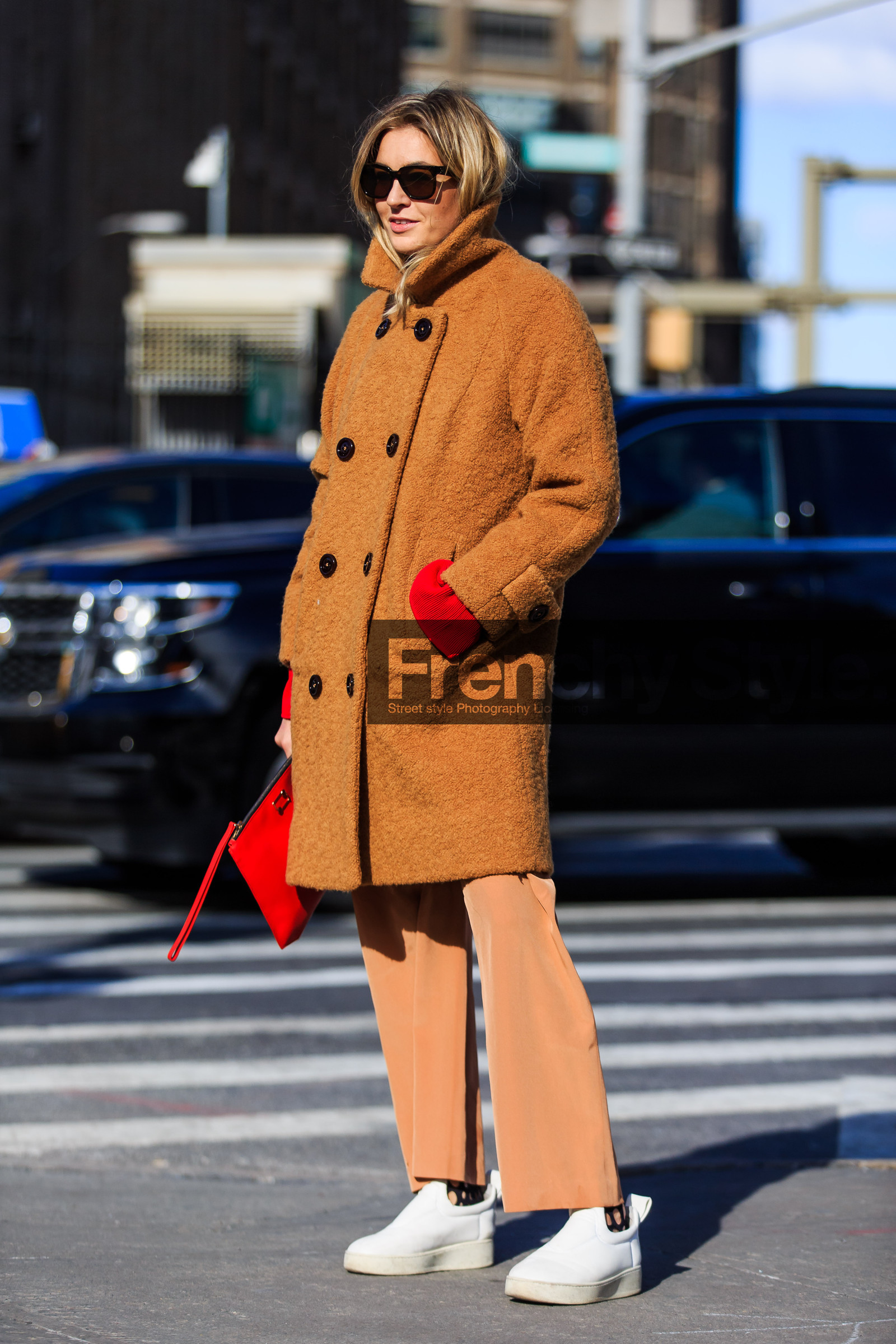 AUTUMN WINTER 2016-2017, AW 16-17, brown coat, camel jacket, camel pants, camille charriere, fashion week, fishnet, frenchystyle, full length, FW, FW 16-17, jonathan paciullo, leather sneakers, NEW YORK, NYFW, red clutch, silk pants, street style, sunglasses, vertical, white sneakers, woman
