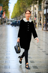 geraldine boublil, black dress, black jacket, black legging, black leather bag, black polish shoes, velvet dress, velvet jacket, collar details, button dress, button jacket, jacket dress, hand bag, polish shoes, miu miu bag, miu miu dress, miu miu jacket, miu miu shoes, miu miu look, PARIS, PFW, fashion week, frenchystyle, FW, jonathan paciullo, street style, SPRING SUMMER 2021, SS 21, vertical, full length