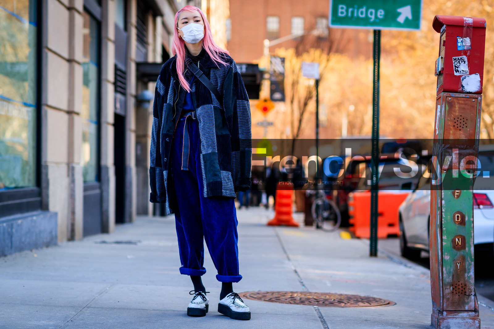 black jacket, blue pants, checked, corduroy, dyed hair, leather jacket, leather shoes, patchwork, pink hair, plaid, shiny shoes, silver shoes, trousers, street style, jonathan paciullo, FW, frenchystyle, fashion week, NYFW, NEW YORK, AUTUMN WINTER 2018-2019, AW 18-19, FALL WINTER 2018-2019, FW 18-19, atmosphere details, horizontal, full length, model, Fernanda Hin Lin Ly