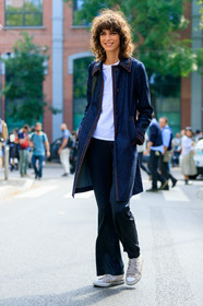 black pants, blue denim, converse, denim coat, denim jacket, fashion week, frenchystyle, full length, FW, jonathan paciullo, leather shoes, MFW, mica arganaraz, MILAN, model, prada, SPRING SUMMER 2017, SS 17, street style, trousers, vertical, white sneakers, white t shirt