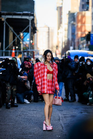 bow handbag, red bow bag, pink handbag, big golden loops, golden pearl earrings, red bra, sequins blazer, sequins skirt, red and pink sequins, silk high heels, silk pumps, pink pumps, pink high heels, jessica wang, fashion week, frenchystyle, FW, jonathan paciullo, street style, NYFW, NEW YORK, AUTUMN WINTER 2022-2023, FALL WINTER 2022_2023, FW 22-23, vertical, full length