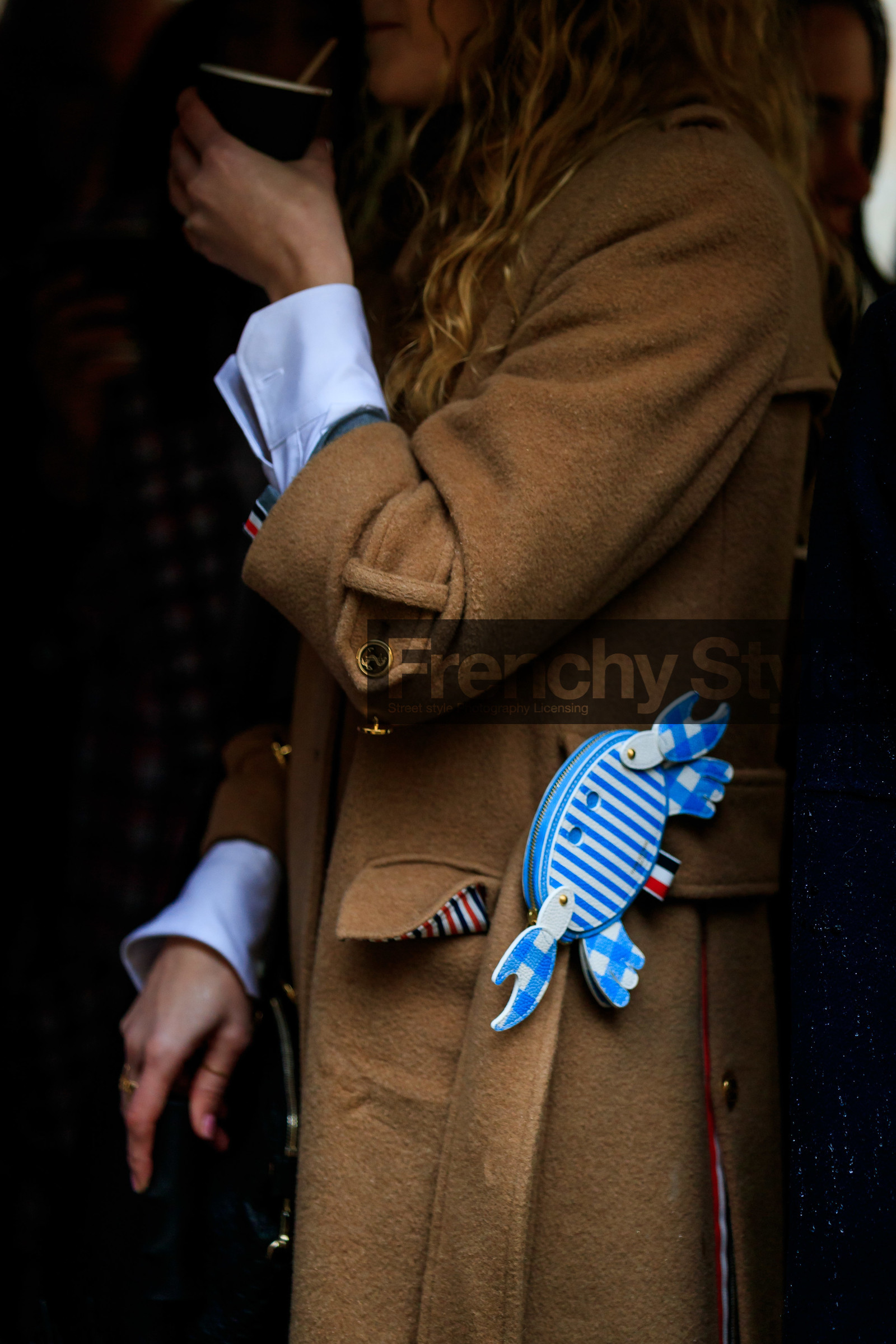 camel coat, striped bag, blue leather bag, animal shape bag, belt bag, thom browne bag, thom browne coat, fashion week, frenchystyle, FW, jonathan paciullo, street style, PFW, PARIS, vertical, atmosphere details, detail