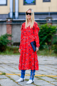 black clutch, blue denim, denim pants, fashion week, frenchystyle, full length, FW, jeans, jonathan paciullo, leather bag, leather shoes, MFW, MILAN, printed dress, red dress, SPRING SUMMER 2017, SS 17, street style, sunglasses, trousers, vertical, white boots