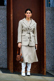 blazer, brown bag, grey jacket, grey skirt, gucci, high boots, high heels, leather bag, leather shoes, prada, suede bag, white boots, street style, jonathan paciullo, FW, frenchystyle, fashion week, LFW, LONDON, AUTUMN WINTER 2019-2020, AW 19-20, FW 19-20, FALL WINTER 2019-2020, vertical, full length