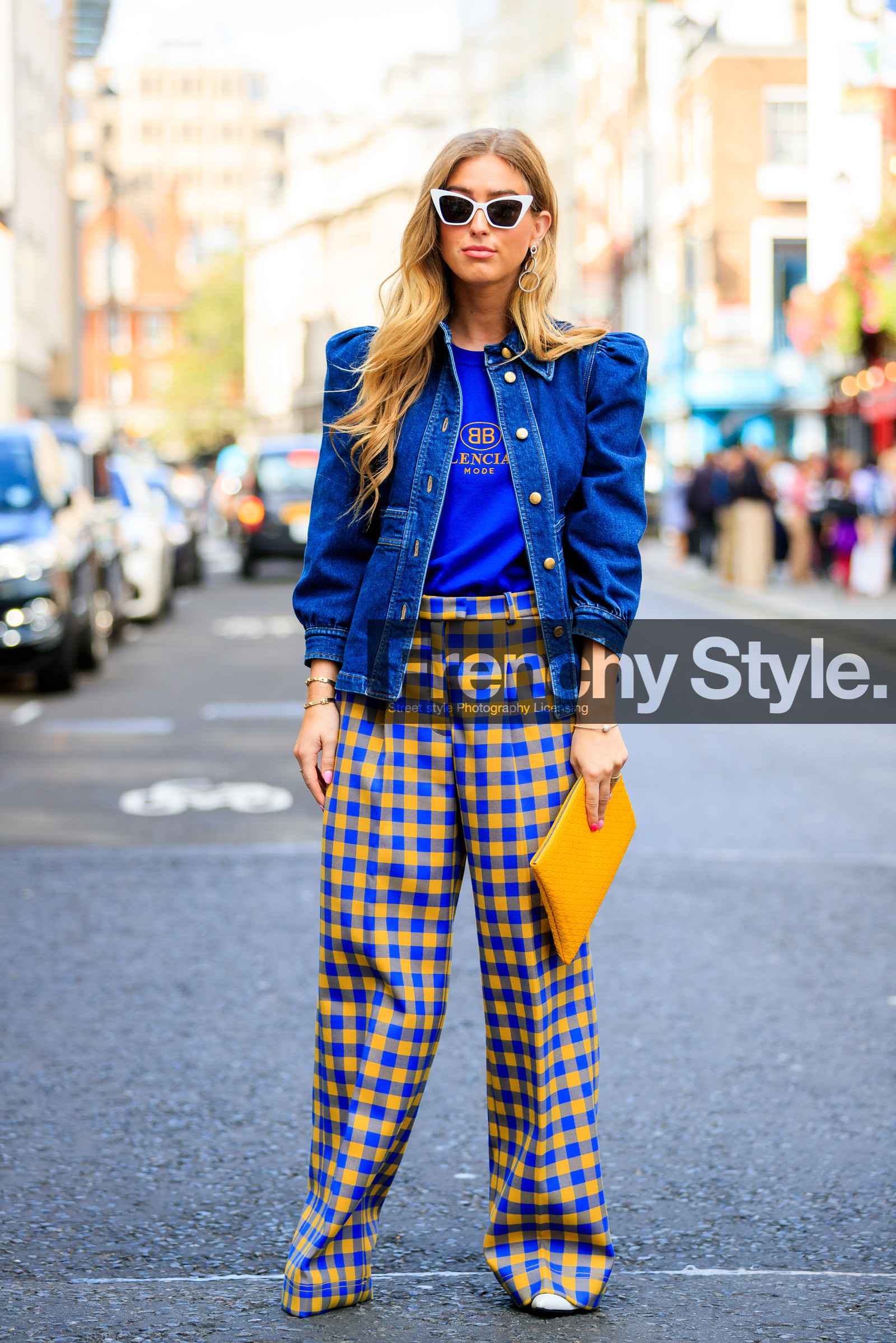 balenciaga, blue denim, blue t shirt, checked, denim jacket, emili sindlev, graphic pants, leather bag, plaid, printed pants, sunglasses, trousers, wide pant, yellow bag, yellow pants, fashion week, frenchystyle, FW, jonathan paciullo, street style, LFW, LONDON, SPRING SUMMER 2019, SS 19, vertical, full length