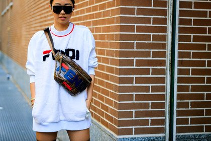 brown bag, fanny pack, fendi, graphic bag, leather bag, monogram, printed bag, sunglasses, white sweater, yuyu zhangzou, street style, jonathan paciullo, FW, frenchystyle, fashion week, MFW, MILAN, SPRING SUMMER 2019, SS 19, atmosphere details, horizontal, detail