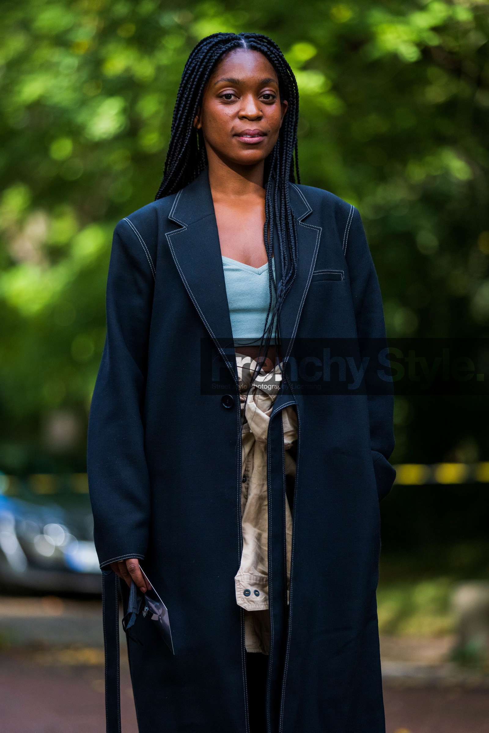 beige skirt, black coat, blue crop top, coat, crop top, Rajni Lucienne Jacques, skirt, street style, jonathan paciullo, FW, frenchystyle, fashion week, PFW, PARIS, SPRING SUMMER 2022, SS 22, vertical, atmosphere details