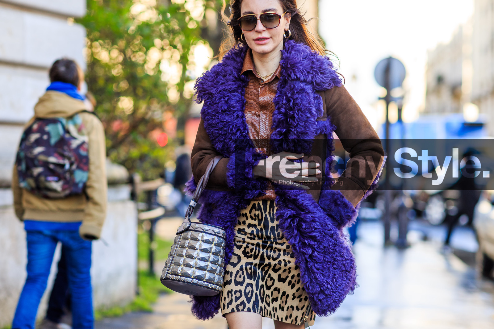 atmosphere details, AUTUMN WINTER 2016-2017, AW 16-17, brown coat, brown shirt, brown top, chiara ferragni, detail, FALL WINTER 2016-2017, fashion week, frenchystyle, fur jacket, FW, FW 16-17, graphic bag, horizontal, jonathan paciullo, leather bag, leather shirt, leather top, leopard print, leopard skirt, mini skirt, PARIS, PFW, purple fur, purple jacket, shearling, silver bag, sleeveless, street style, suede jacket, sunglasses