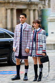 thom browne bag, thom browne coat, thom browne jacket, thom browne look, thom browne skirt, thom browne shoes, thom browne shorts, thom browne shirt, thom browne socks, used jacket, used shorts, navy blue coat, navy blue tie, navy blue shorts, checked jacket, checked coat, striped tie, striped socks, striped shorts, white shirt, black leather derbie, black leather shoes, red jacket, red coat, white jacket, white coat, white skirt, black leather bag, box bag, hand bag, tweed jacket, tweed skirt, black socks, make up, make up details, eyeshadows, red eyeshadow, fashion week, frenchystyle, FW, jonathan paciullo, street style, PFW, PARIS, SPRING SUMMER 2020, SS 20, horizontal, full length