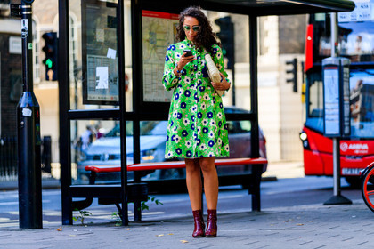 bordeaux, burgundy, floral, flowers, graphic dress, green dress, high heels, leather bag, leather shoes, printed dress, red boots, straw bag, sunglasses, fashion week, frenchystyle, FW, jonathan paciullo, street style, LFW, LONDON, SPRING SUMMER 2019, SS 19, atmosphere details, horizontal, full length