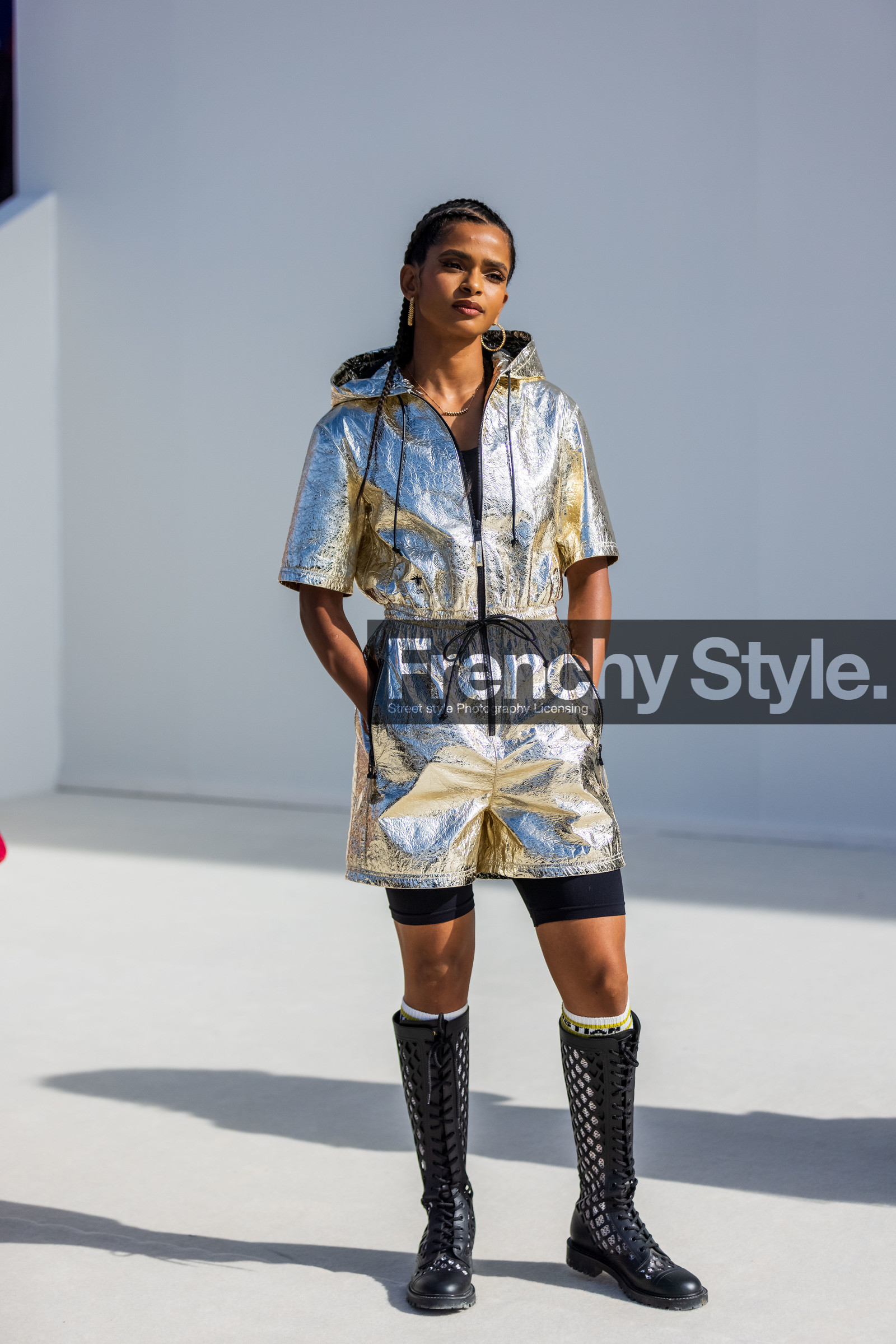 biker short, black boots, boots, earrings, gold earrings, hoops, jumpsuit, lace up boots, short jumpsuit, silver jumpsuit, sock, zipped jumpsuit, street style, jonathan paciullo, FW, frenchystyle, fashion week, PFW, PARIS, SPRING SUMMER 2022, SS 22, vertical, full length