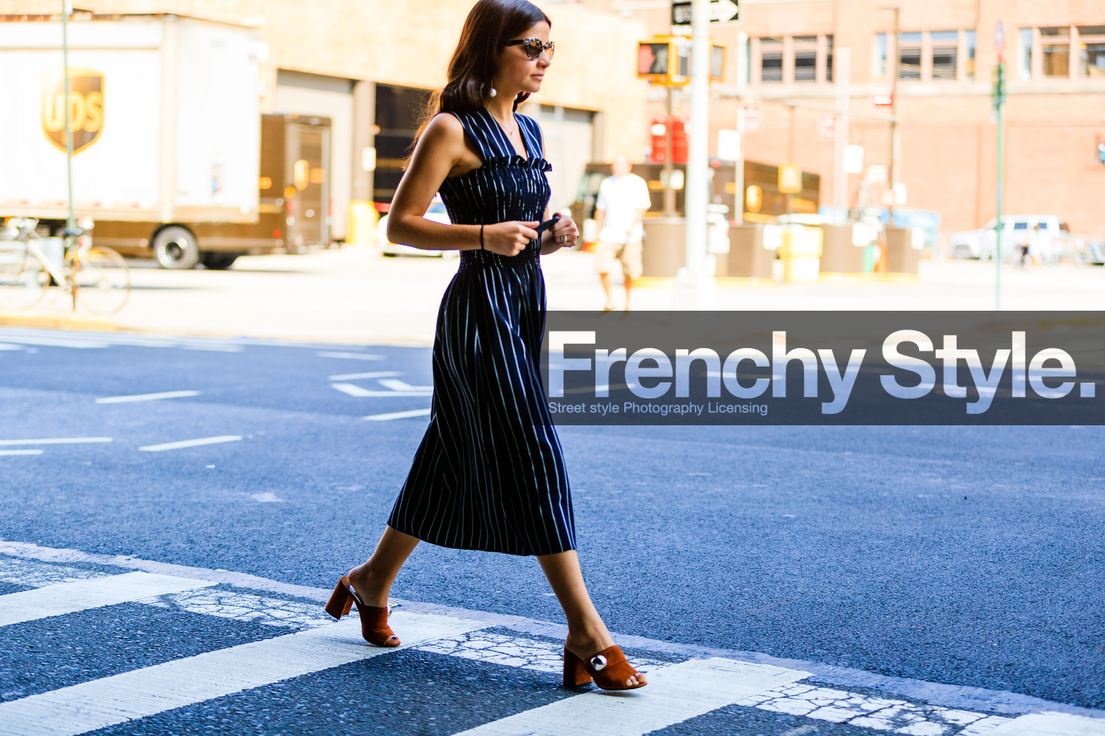 atmosphere details, blue dress, brown shoes, detail, fashion week, frenchystyle, FW, geometric, graphic dress, high heels, horizontal, jonathan paciullo, Lainy Hedaya, mules, NEW YORK, NYFW, SPRING SUMMER 2017, SS 17, street style, striped dress, stripes, suede shoes, sunglasses, woman