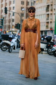 beige bag, brown belt, camel dress, eleonora carisi, headband, leather bag, leather belt, leather shoes, see through, sunglasses, tattoos, fashion week, frenchystyle, FW, jonathan paciullo, street style, MFW, MILAN, AUTUMN WINTER 2019-2020, AW 19-20, FALL WINTER 2019-2020, FW 19-20, vertical, full length