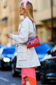 earrings, graphic bag, headband, leather bag, leonie hanne, louis vuitton, pink bag, pink dress, printed bag, red bag, white jacket, fashion week, frenchystyle, FW, jonathan paciullo, street style, PFW, PARIS, AUTUMN WINTER 2019-2020, AW 19-20, FALL WINTER 2019-2020, FW 19-20, vertical, atmosphere details, detail