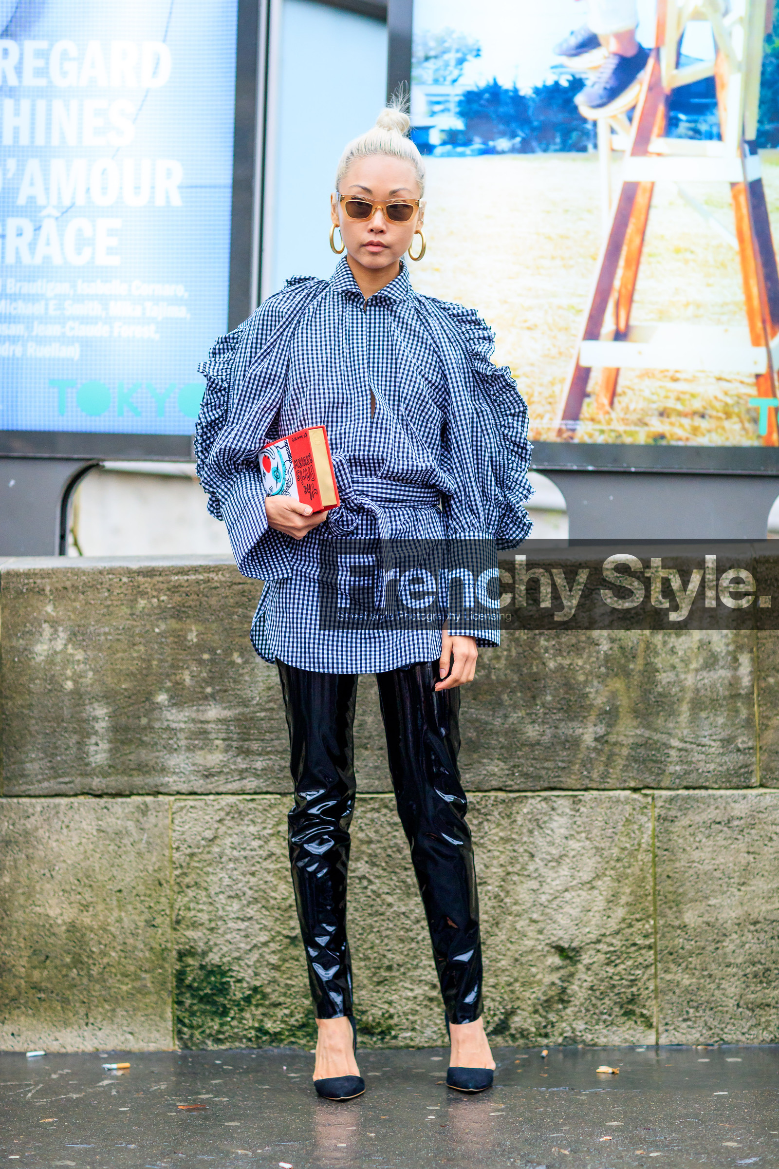 AUTUMN WINTER 2017-2018, AW 17-18, black pants, black shoes, checked shirt, FALL WINTER 2017-2018, fashion week, frenchystyle, full length, FW, FW 17-18, gingham, graphic shirt, high heels, jonathan paciullo, leather bag, leather pants, leather shoes, olympia le tan, PARIS, PFW, printed bag, printed shirt, red bag, street style, sunglasses, trousers, vanessa hong, vertical